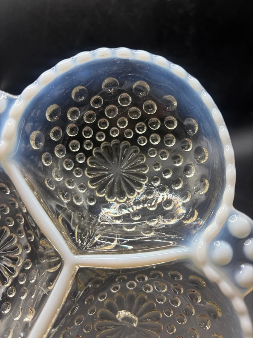 Vintage Opalescent Moonstone Hobnail Clear White Glass Divided Serving Dish